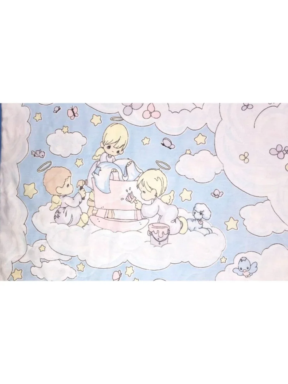 Vintage Handmade Precious Moments Baby Angel Quilt Blanket Blue Double Sided